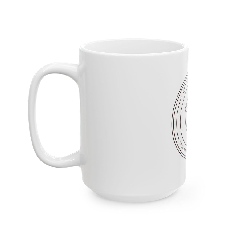 Espresso & Paws 15oz mug seen from the side with the handle on the left
