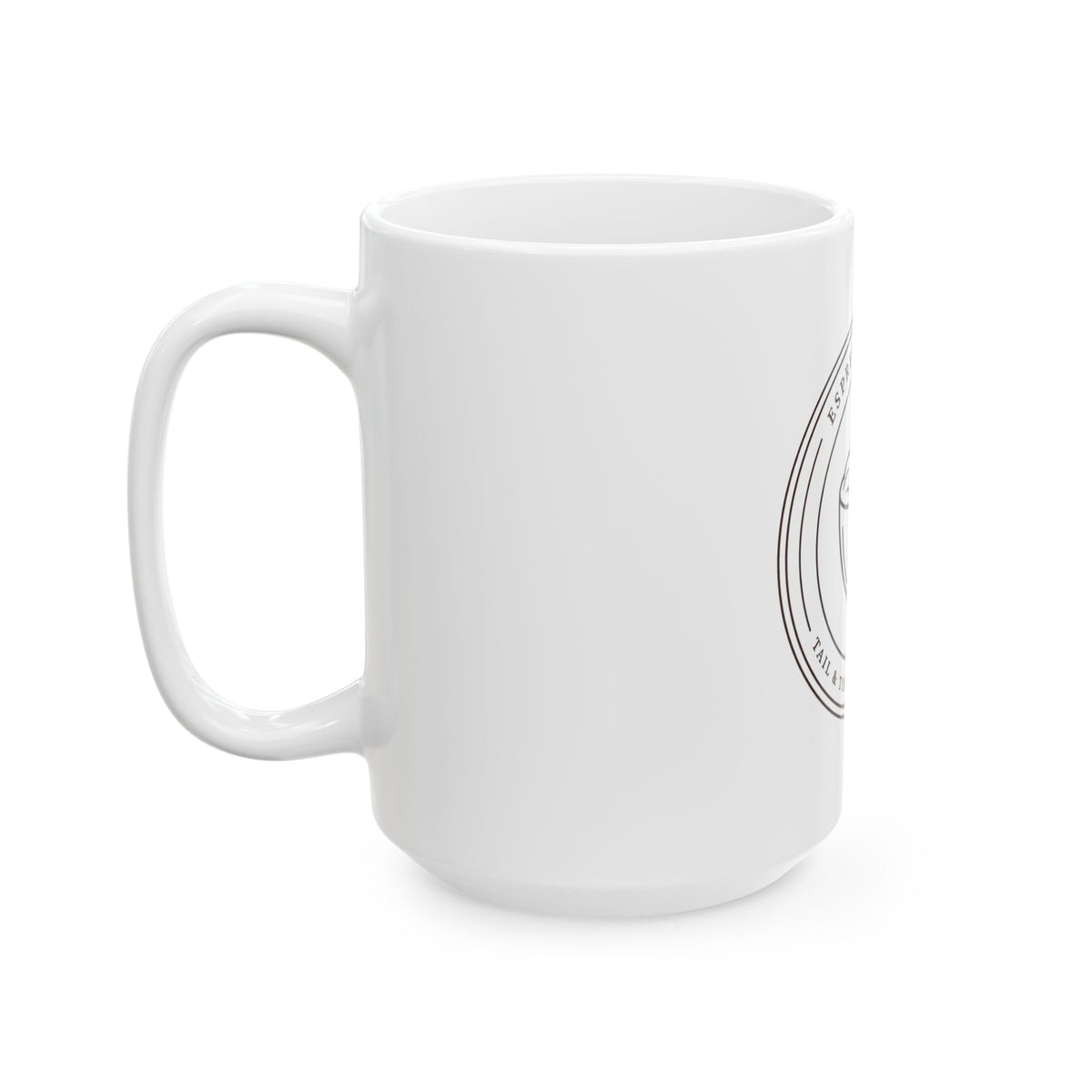 Espresso & Paws 15oz mug seen from the side with the handle on the left