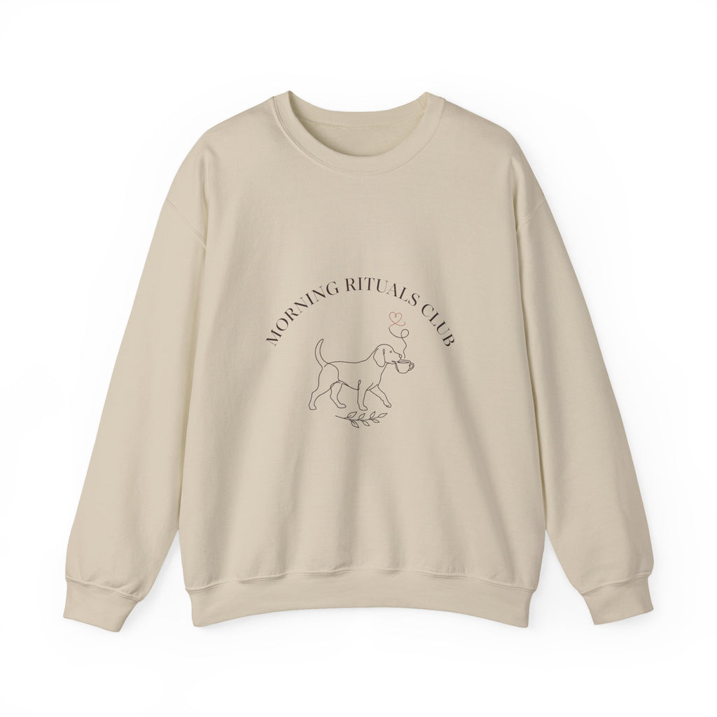 Sand Morning Rituals Club crewneck sweatshirt with a line drawing of a dog carrying a coffee cup, front view