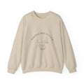 Sand Morning Rituals Club crewneck sweatshirt with a line drawing of a dog carrying a coffee cup, front view
