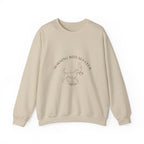 Sand Morning Rituals Club crewneck sweatshirt with a line drawing of a dog carrying a coffee cup, front view