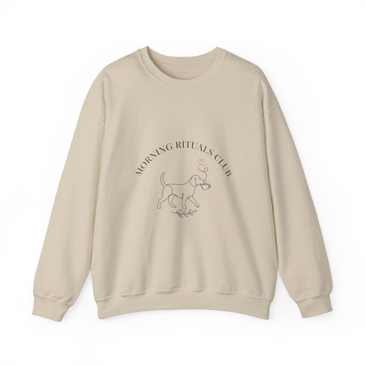 Sand Morning Rituals Club crewneck sweatshirt with a line drawing of a dog carrying a coffee cup, front view