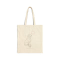 Natural canvas tote with a line drawing of a golden retriever sitting under the sun, front view