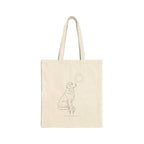 Natural canvas tote with a line drawing of a golden retriever sitting under the sun, front view