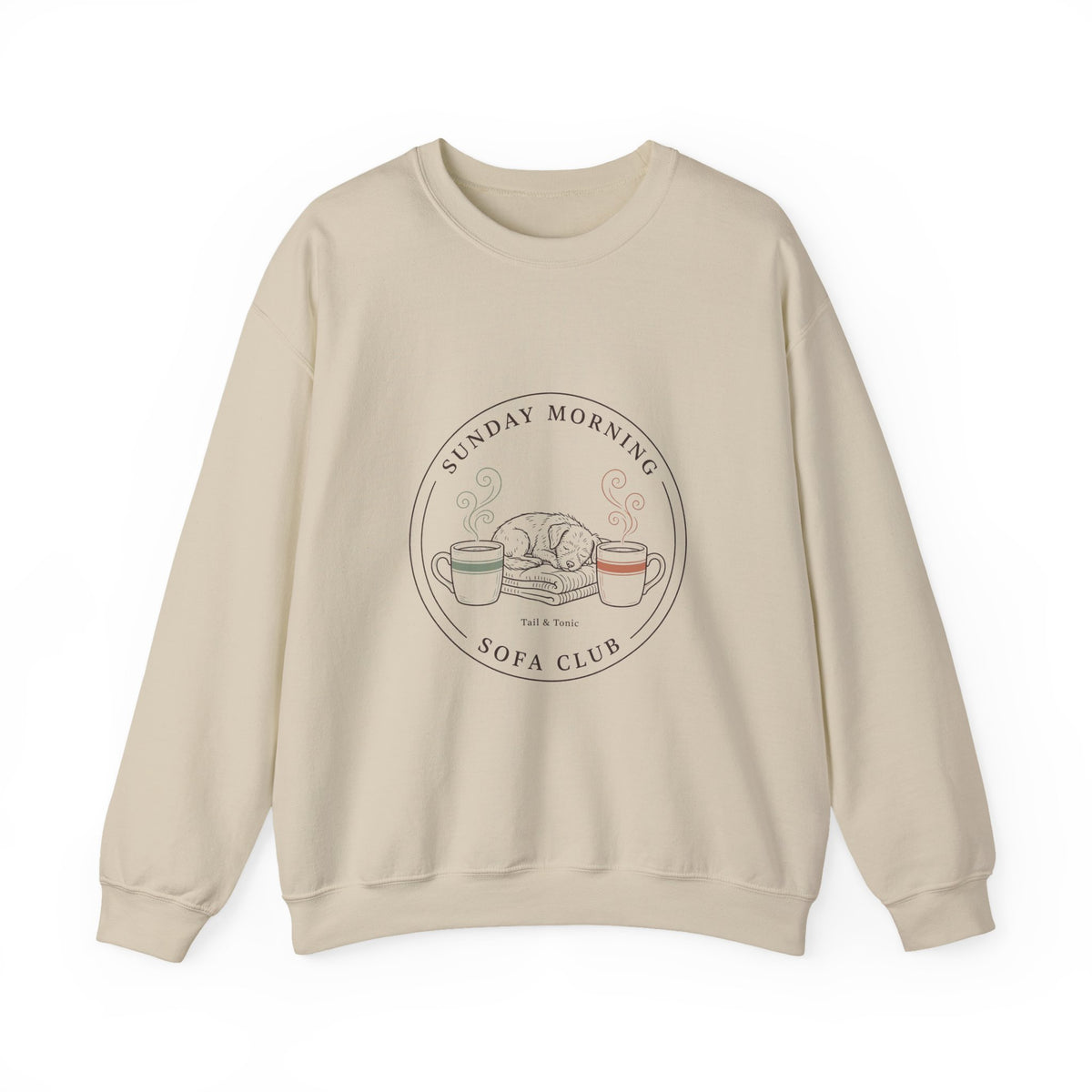 Sand Sunday Morning Sofa Club crewneck with a round badge of a dog asleep between two coffee mugs, front view