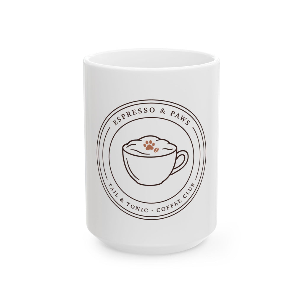 White 15oz Espresso & Paws mug with a coffee cup badge and a paw print in the foam, front view