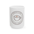 White 15oz Espresso & Paws mug with a coffee cup badge and a paw print in the foam, front view