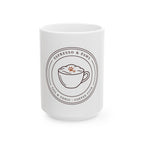 White 15oz Espresso & Paws mug with a coffee cup badge and a paw print in the foam, front view
