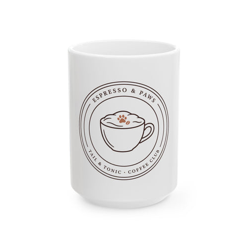 White 15oz Espresso & Paws mug with a coffee cup badge and a paw print in the foam, front view