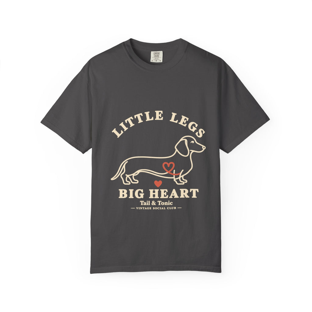 Graphite tee with a dachshund outline, a small red heart, and Little Legs Big Heart lettering, front view