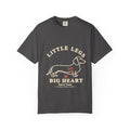Graphite tee with a dachshund outline, a small red heart, and Little Legs Big Heart lettering, front view