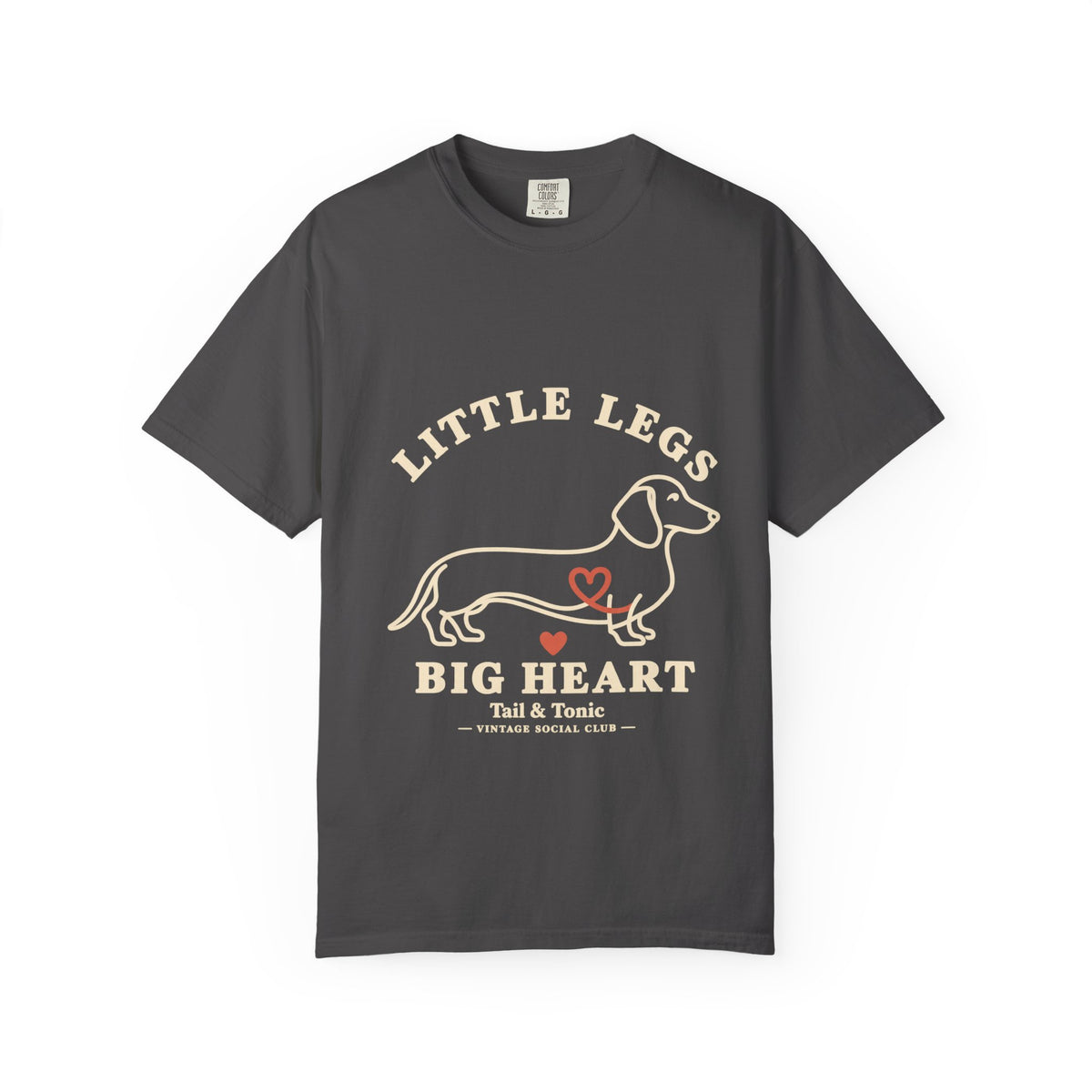 Graphite tee with a dachshund outline, a small red heart, and Little Legs Big Heart lettering, front view