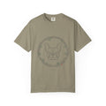 Sandstone tee with a French bulldog face inside a leafy botanical wreath, front view