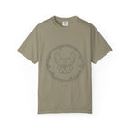 Sandstone tee with a French bulldog face inside a leafy botanical wreath, front view