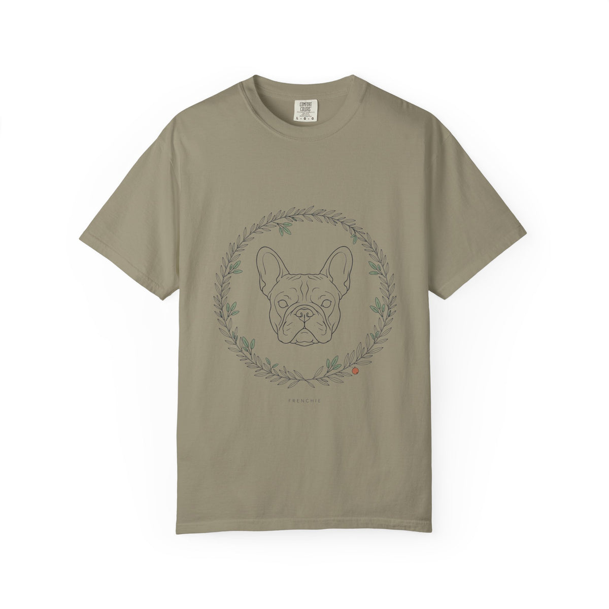 Sandstone tee with a French bulldog face inside a leafy botanical wreath, front view