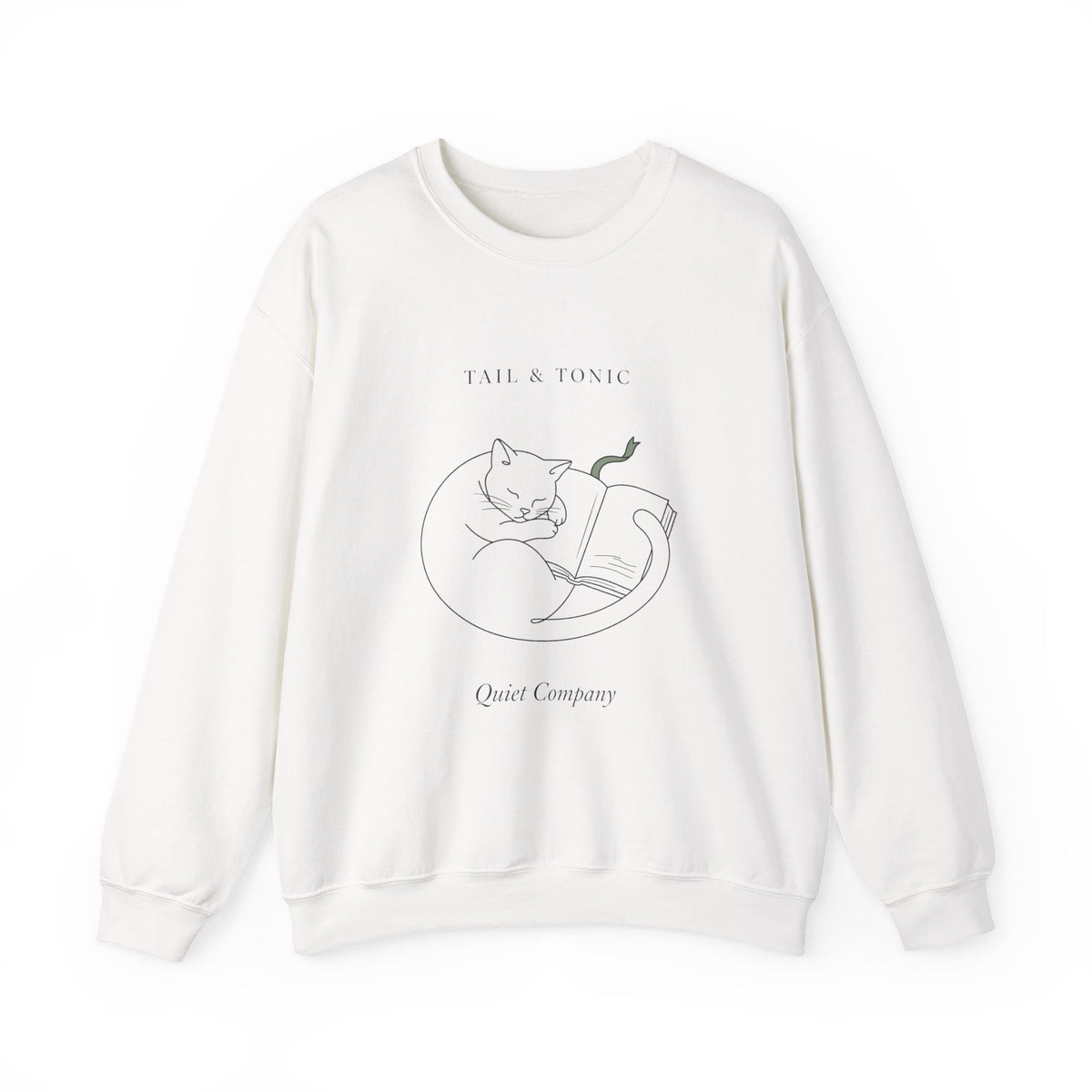 White Quiet Company crewneck with a line drawing of a cat curled up asleep on an open book, front view