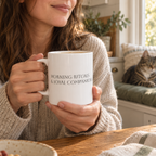 Digital lifestyle mockup: Morning Rituals mug held during a quiet morning with a cat.