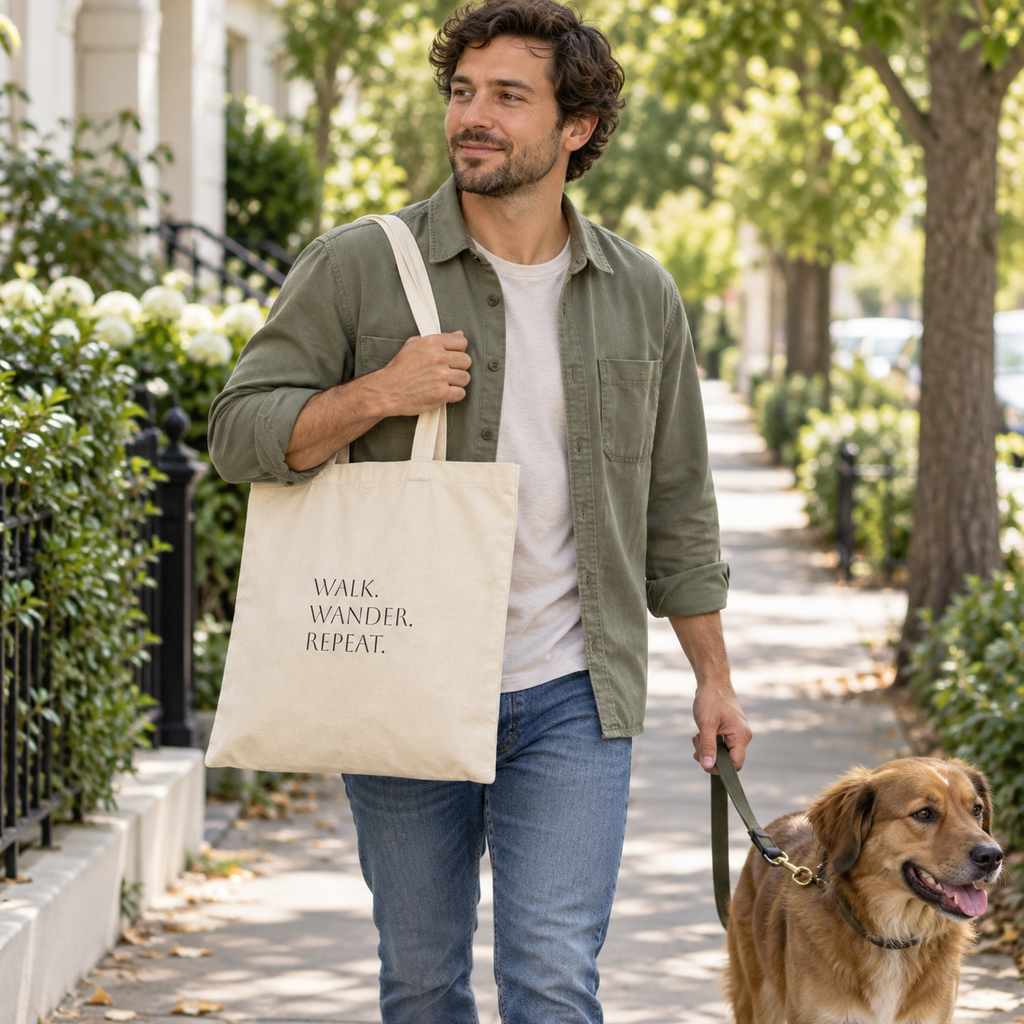 Digital lifestyle mockup: man carrying the Walk & Wander tote while walking a dog.