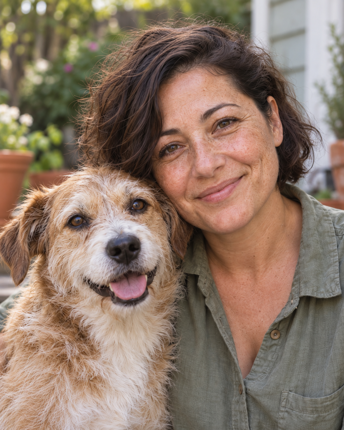 Nora, Tail & Tonic’s AI-created brand host, beside a happy scruffy dog.